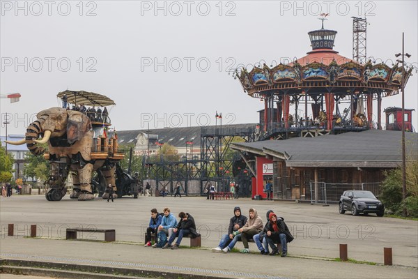 Tourist attraction The Great Elephant and Carrousel des Mondes Marins on the Ile de Nantes in the Loire, Nantes, Loire-Atlantique department, Pays de la Loire region, France, Europe