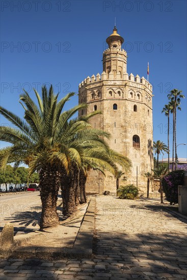 Torre del Oro Gold Tower medieval landmark from early 13th century in Seville, Spain, Andalusia region, Europe