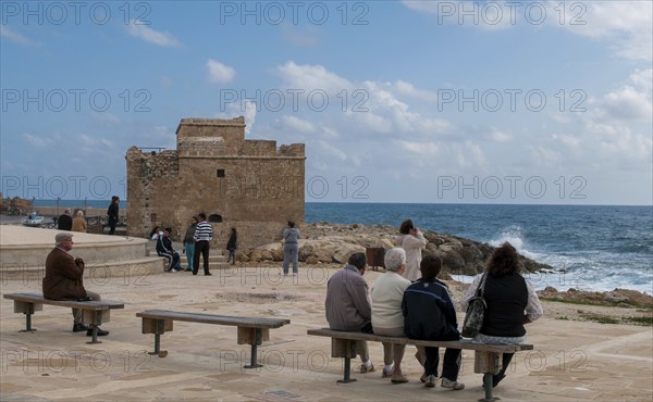 Paphos, Cyprus, March 07 2021: Tourist people enjoying the scenery at paphos castle area in cyprus, Europe