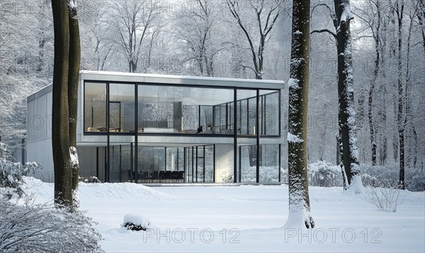A large glass house is surrounded by snow and trees. The house is empty and the snow is piled up around it. Scene is peaceful and serene, as the house stands alone in the snow-covered landscape AI generated