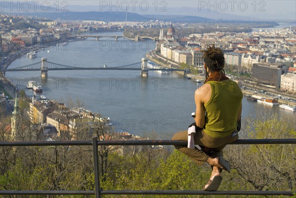 Man enjoying Budapest from Geller hill in Budapest, Hungary, Europe
