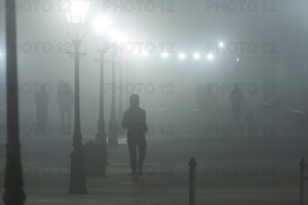 Dresden's Old Town shrouded in November fog. Brühl's Terrace, foggy atmosphere in Dresden, Dresden, Saxony, Germany, Europe