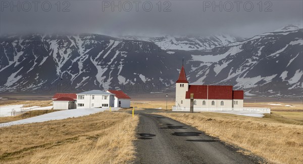 The picturesque stadastadakirkja church at the snaefellsnes peninsula near the village of arnarstapi in Iceland