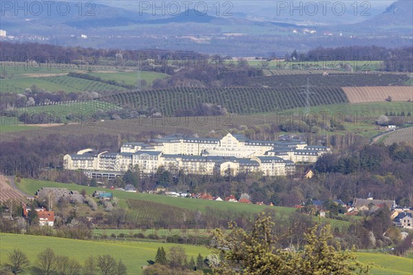 Distant view over the clinic Kreischa to the Lilienstein in the Saxon Switzerland, Karsdorf, Saxony, Germany, Europe