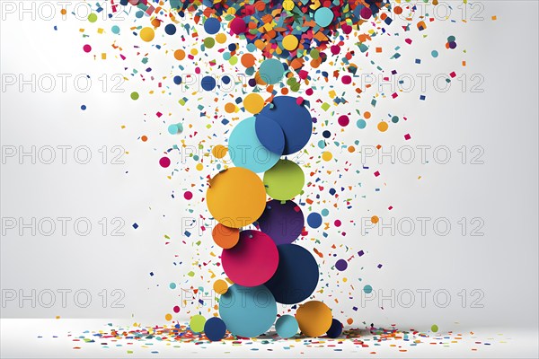 Abstract New Years Eve confetti explosion, with minimalist colored squares and circles falling through an empty white background, AI generated