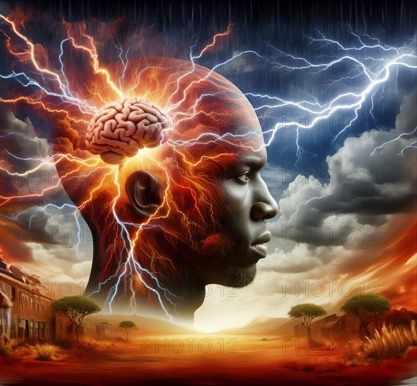 A man's brain emits flashes, symbolic image creative thinking, thought, thought flash, intelligence, medicine, human brain, networking, neurons, nervous system, AI generated, AI generated