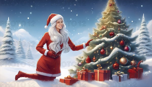 Illustration Christmas woman leaning against a Christmas tree with presents underneath in a snowy winter landscape at night, AI-generated image, AI generated