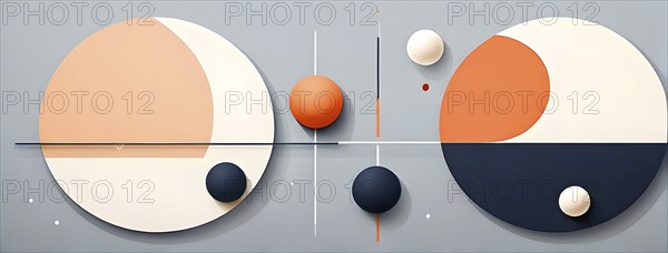 Minimalist composition of overlapping geometric shapes, such as circles, squares, and triangles, with clean lines and muted pastel colors, AI generated