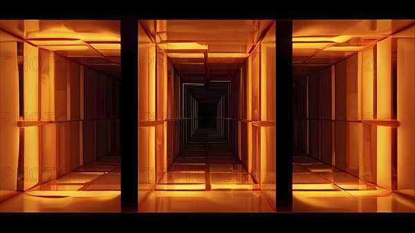 Windows aligned within an elongated tunnel permeated with gradients of orange hues, AI generated