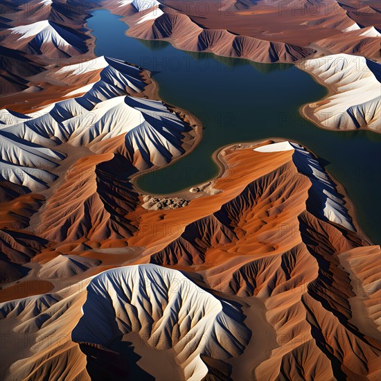 Aerial view perpendicular top down of an abstract colorful river along the coastline, AI generated