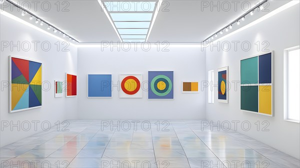 Art gallery with canvas and plastics in a 3D illustration, AI generated