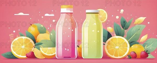 Abstract wallpaper of smoothie surrounded by an assortment of fruits and vegetables, AI generated