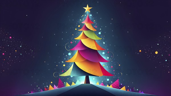 Abstract Christmas tree illustration with vibrant colors and geometric shapes, AI generated