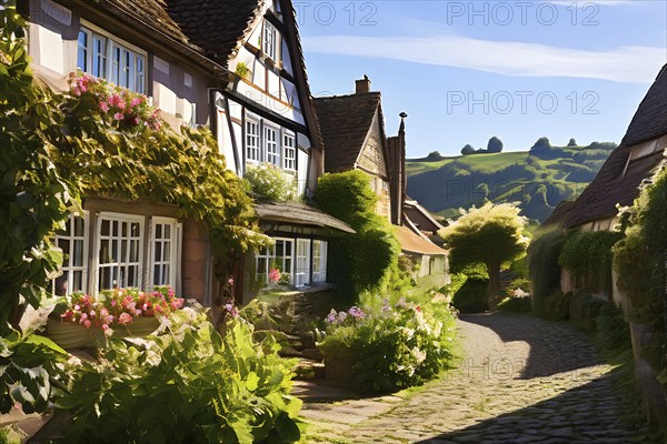 Traditional half timbered house nestled within the heart of a picturesque village in golden hour light, AI generated