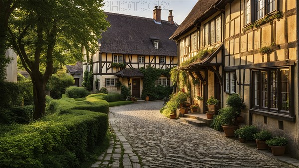 Traditional half timbered house nestled within the heart of a picturesque village in golden hour light, AI generated