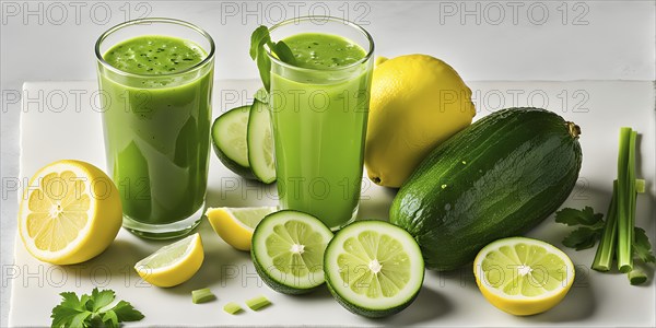 Bottle of vibrant green detox juice surrounded by green fruit and vegetables, AI generated