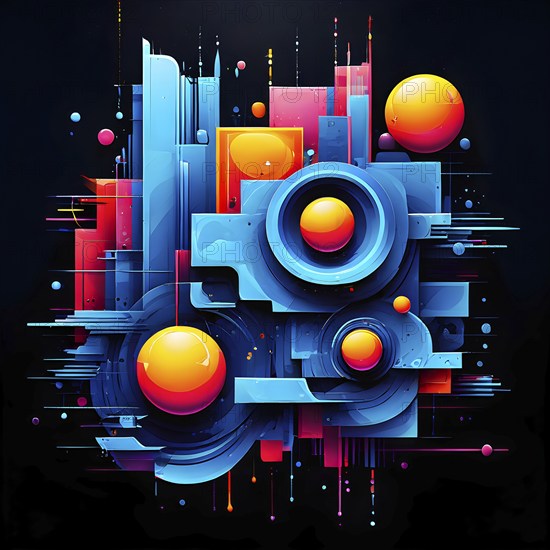 AI generated illustration of conceptual art piece where geometric shapes and organic forms blend in a digital canvas