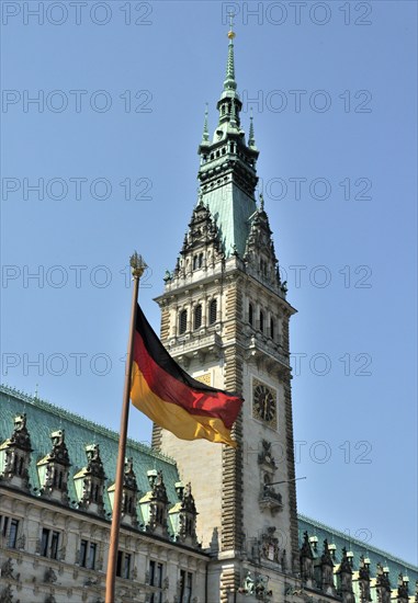 German flag at City Hall tower, Rathausmarkt square, Hamburg, Germany, Europe