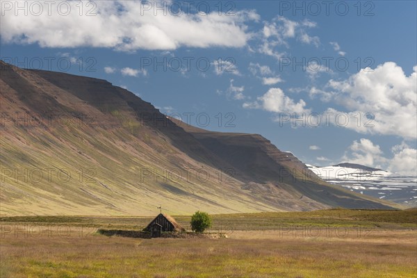Old peat church of Gröf or Grafarkirkja near Hofsós, Skagafjörður, Skagafjördur, North Iceland, Iceland, Europe