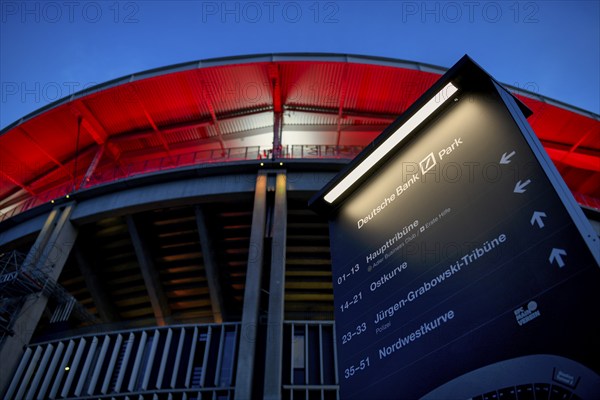Signposts to the blocks and seats, international match Germany GER vs. Netherlands NED, Deutsche Bank Park, blue hour, Frankfurt am Main, Hesse, Germany, Europe