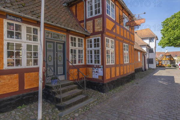 Fåborg, Faaborg, picturesque old town with colourful houses, Den gamle Gaard, the old courtyard, street, half-timbered houses, cobblestones, Fyn, island of Funen, south coast, Danish South Sea, Denmark, Europe