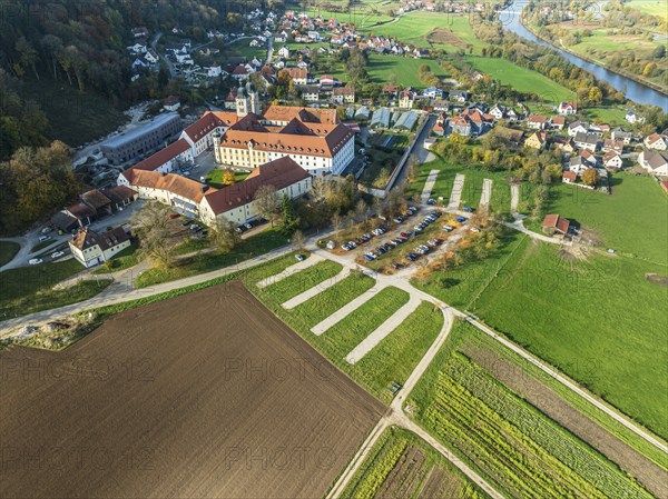 Aerial view of Plankstetten with Benedictine Abbey, Plankstetten, Berching, Bavaria, Germany, Europe