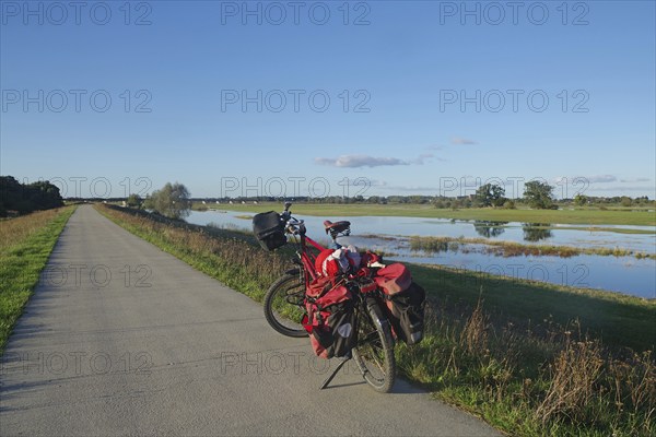 Red loaded bicycle on a road next to a wide landscape with water and sky, bicycle tourism, Langenfeld, Dömitz, Elbe, Wendland, Lower Saxony, Germany, Europe