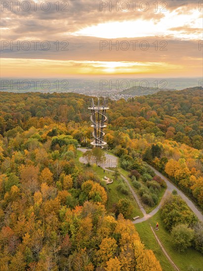 Observation tower in an autumnal forest landscape at sunset with colourful foliage and paths, Schönbuchturm, Herrenberg, Germany, Europe