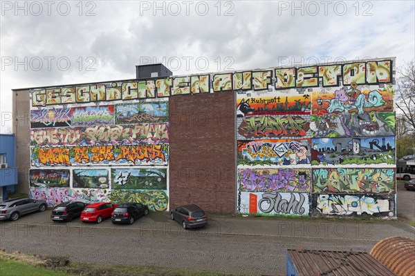 Industrial building completely painted with graffiti, various pictures on the themes of Ruhrpott and steel, Duisburg-Neuenkamp, North Rhine-Westphalia, Germany, Europe