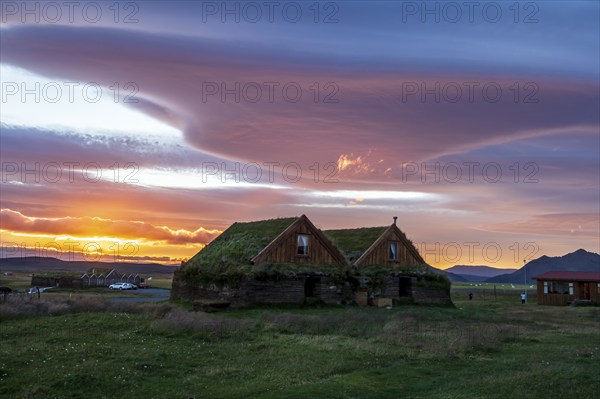 Sunset at Mödrudalur farm and guesthouse, dramatic cloud formation, northwest of Egilsstadir, Iceland, Europe