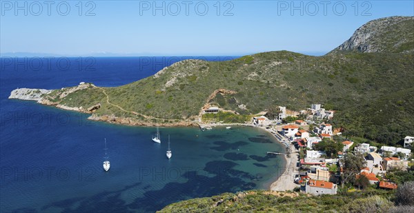A small coastal village with sailing boats in a picturesque bay surrounded by hills, bay, Porto Kagio, Mani, Laconia, Laconia, Peloponnese, Greece, Europe