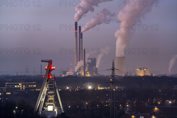 UNIPER coal-fired power plant Gelsenkirchen-Scholven, power plant units and cooling towers, headframe of the former Hugo coal mine, shaft 2, North Rhine-Westphalia, Germany, Europe