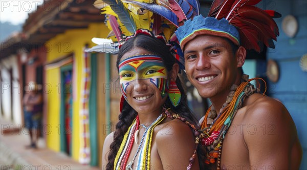 Smiling native indigenous people of Colombia and South America, dressed in colorful native clothes, AI generated