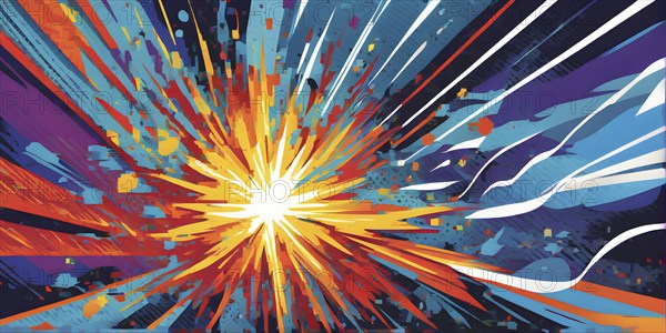 Abstract pop art comic illustration in vibrant colors with thunderbolt crackling across the canvas, AI generated
