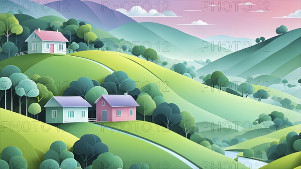 Landscape set in paper art style featuring houses tucked between verdant trees and rolling hills, AI generated