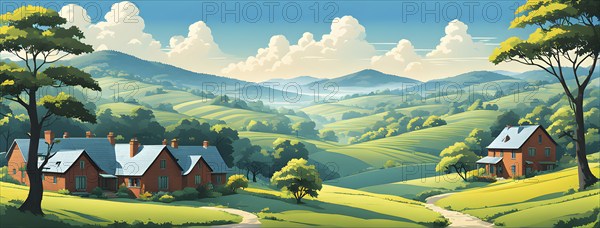 Landscape set in paper art style featuring houses tucked between verdant trees and rolling hills, AI generated