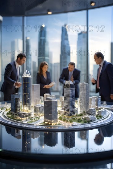 Architecture model of skyscraper with intricate details on a conference table in the office, AI generated