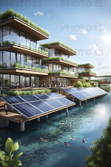 3d rendering of a sustainable engaged waterfront development with floating solar panels, AI generated