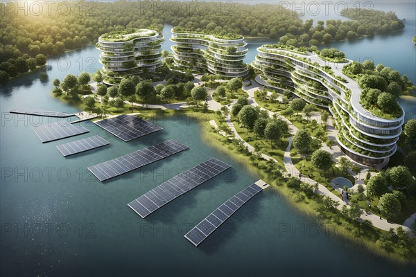 3d rendering of a sustainable engaged waterfront development with floating solar panels, AI generated