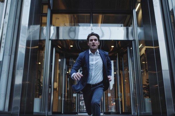 A businessman in a suit hurriedly runs out of a modern office building in a city, AI generated, AI generated, AI generated