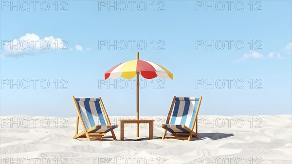 Three dimensional render of deck chair and beach umbrellas on deserted beach in summer, AI generated