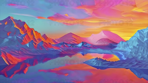 AI generated painting of a surreal landscape with mountains and a lake with digital brush strokes intertwining with watercolor