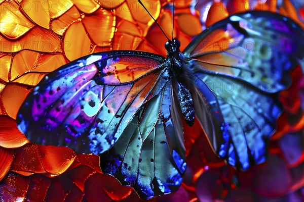 Abstract piece inspired by the iridescent scales of a butterfly highlighting how nature influences color-changing materials, AI generated
