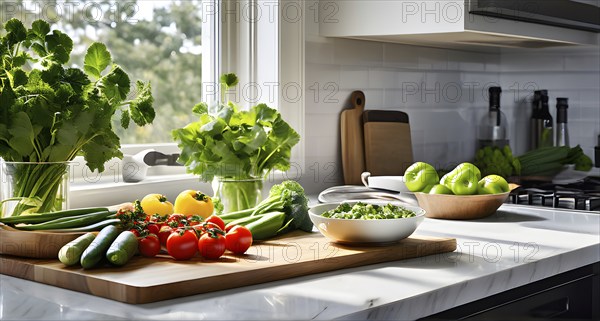 Minimalist kitchen with sleek, white cabinetry and a marble countertop, featuring a single wooden cutting board with freshly cut vegetables, AI generated