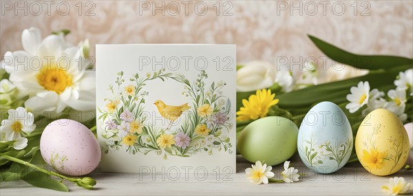 Easter card with delicate hand-drawn illustrations, placed among fresh flowers and decorated eggs, empty space for text, AI generated