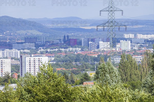 Panoramic view over Gorbitz to Strehlen church, demk gasometer, Borsber and the foothills of Saxon Switzerland, panoramic view of Dresden seen from the west, Dresden, Saxony, Germany, Europe