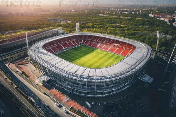 Aerial bird eye top view of a soccer football field stadium on sunset, AI generated