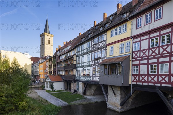 The Krämerbrücke is the oldest secular building in Erfurt and is one of the city's most famous landmarks, with half-timbered houses on both sides of the bridge. It is the longest bridge in Europe with houses on both sides, Erfurt, Thuringia, Germany, Europe