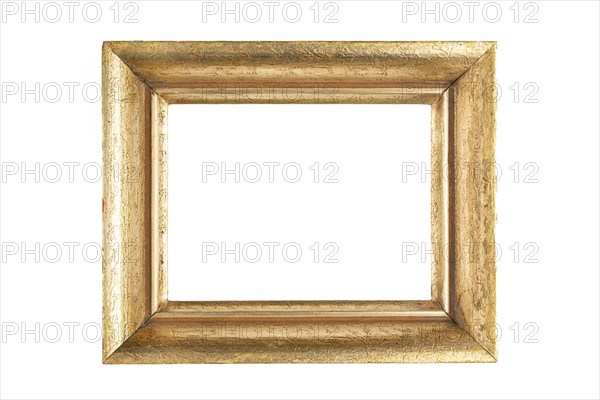 A simple, gold-coloured, empty frame with an antique texture and classic design