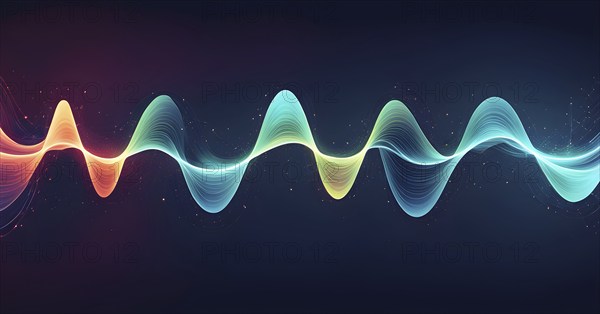 Abstract illustration of digital wave forms and circuits converging to form abstract symbols of various sports, then dispersing into flowing particles, AI generated